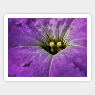 closeup macro photography of single bright purple glowing vivid floral fantasy with delicate and intricate gold coloured stamens Sticker